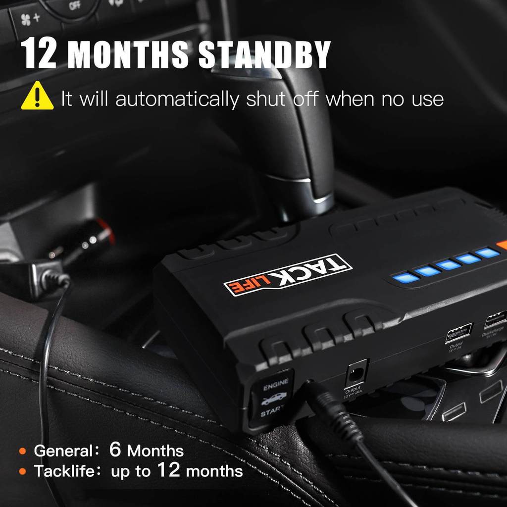Tacklife T6 800A 18000mAh Car Jump Starter for 7.0L Gas & 5.5L Diesel Engines with Quick Charge, LCD Display, Safety Features, Orange