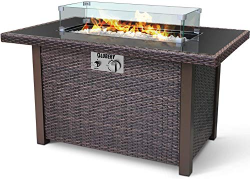 BLUBERY 44” Propane Fire Pit Table, 50,000 BTU PE Rattan Gas Fire Pit with Black Tempered Glass Tabletop, Glass Wind Guard, AutoIgnition, White Glass Stone, ETL CERT
