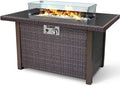BLUBERY 44” Propane Fire Pit Table, 50,000 BTU PE Rattan Gas Fire Pit with Black Tempered Glass Tabletop, Glass Wind Guard, AutoIgnition, White Glass Stone, ETL CERT