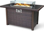 BLUBERY 44” Propane Fire Pit Table, 50,000 BTU PE Rattan Gas Fire Pit with Black Tempered Glass Tabletop, Glass Wind Guard, AutoIgnition, White Glass Stone, ETL CERT