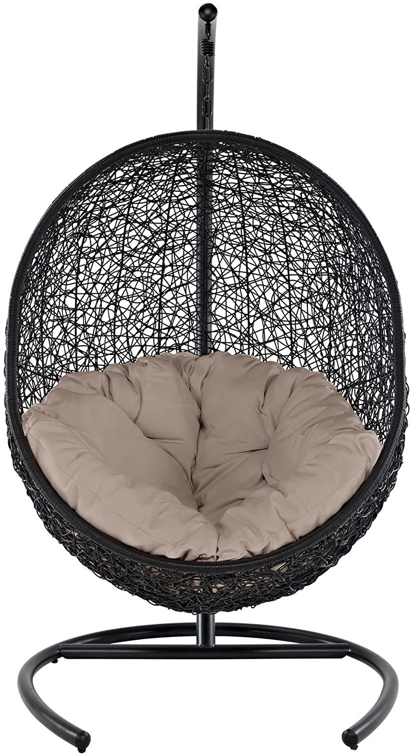 EEI739BEISET Encase Wicker Rattan Outdoor Patio Porch Lounge Egg, Swing Chair with Stand, Beige