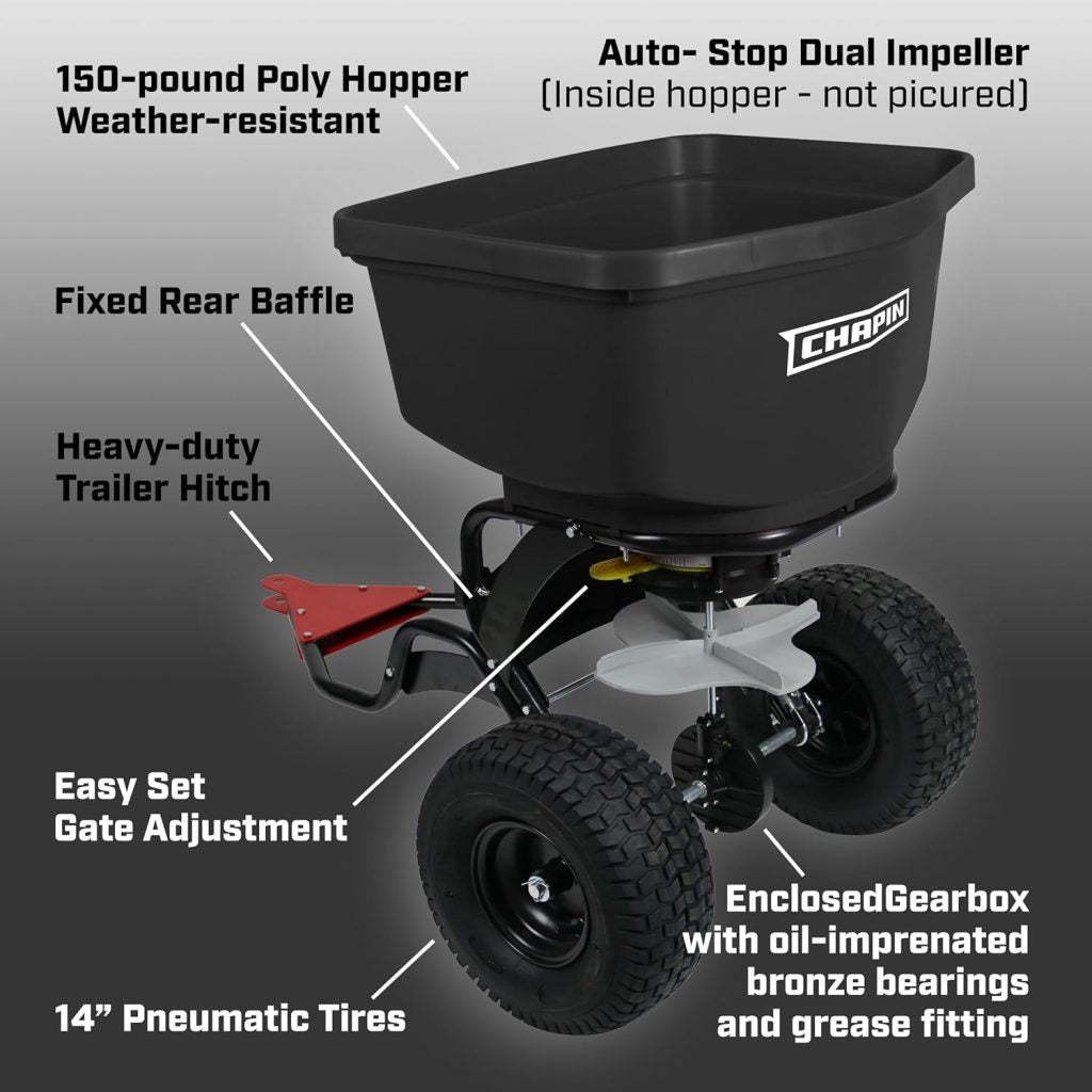 Chapin 8622B 150-Pound Tow Behind Spreader with Auto-Stop Impeller, 11 Gate Adjustments, USA Made
