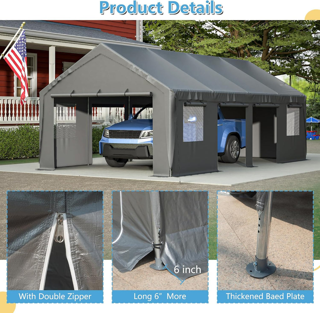 Thanaddo Heavy Duty Car Port with Roll-up Sidewall and Ventilated Windows
