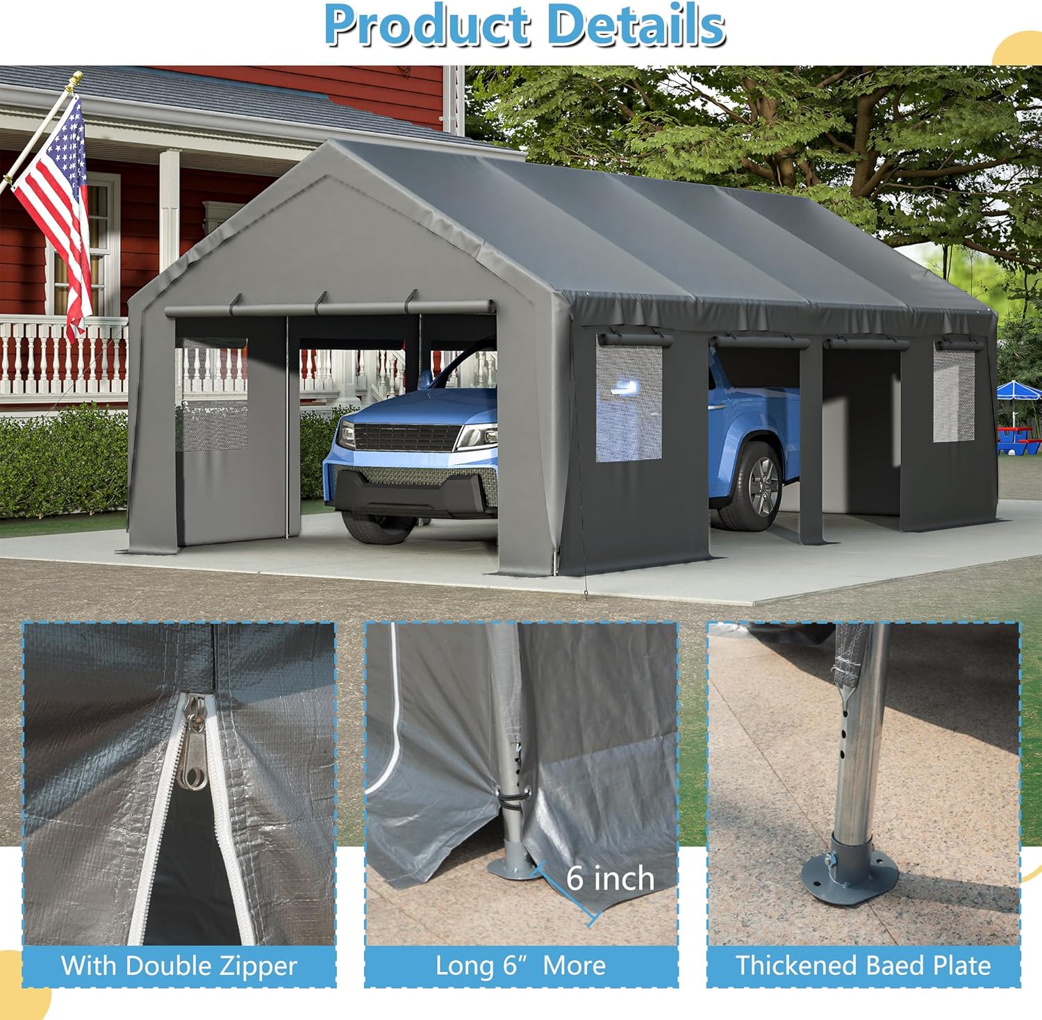 Thanaddo Heavy Duty Car Port with Roll-up Sidewall and Ventilated Windows