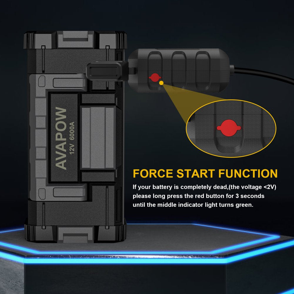 AVAPOW 6000A Car Battery Jump Starter, Dual USB Quick Charge, LED Light, 12V for Gas/Diesel Engines