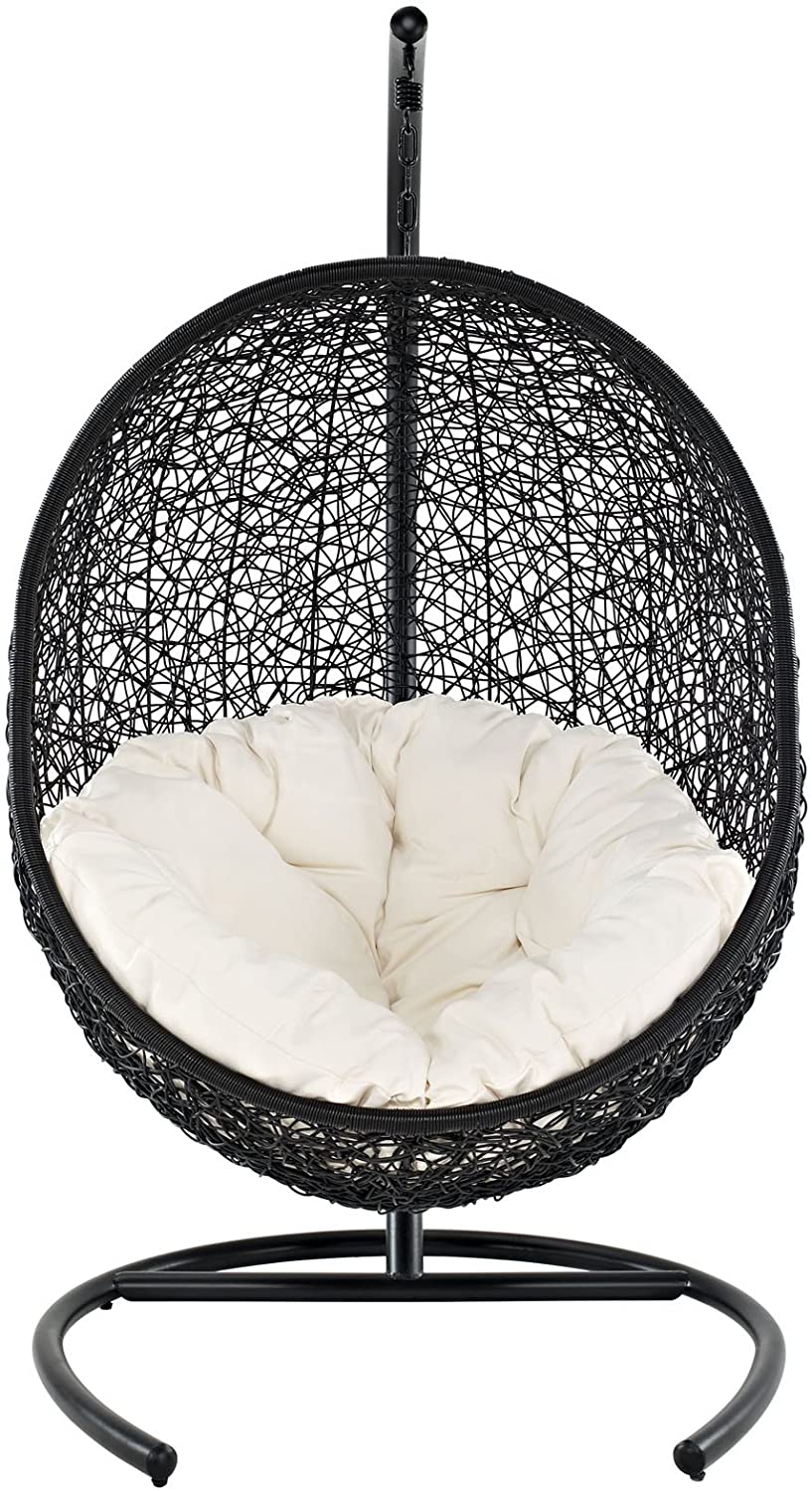 EEI739BEISET Encase Wicker Rattan Outdoor Patio Porch Lounge Egg, Swing Chair with Stand, Beige