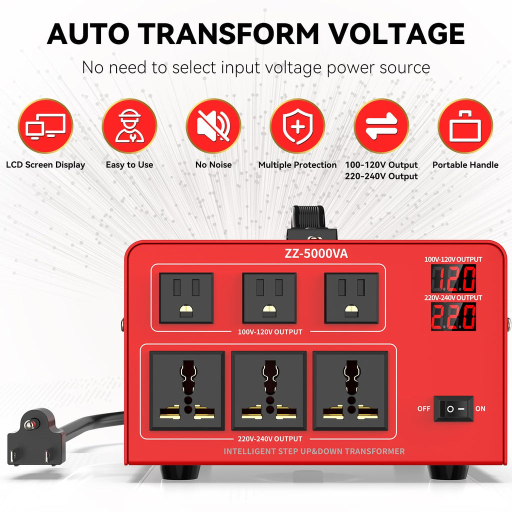 6000 Watt Voltage Converter Transformer Heavy Duty Step Up/Down Power Converter 220V to 110V, 110V to 220V with 3 US Outlets, 3 Universal Outlets, LCD Display, Circuit Breaker Protection