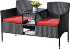 Flamaker Outdoor Furniture Patio Loveseat Wicker 2-Seat with Built-in Table and Cushions Rattan Porch Chairs Bench for Balcony, Lawn, Backyard (Beige)