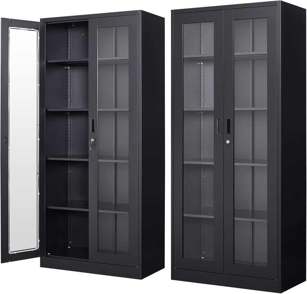 PEUKC Display Cabinet with Glass Doors, Curio Cabinets with 4 Adjustable Shelves