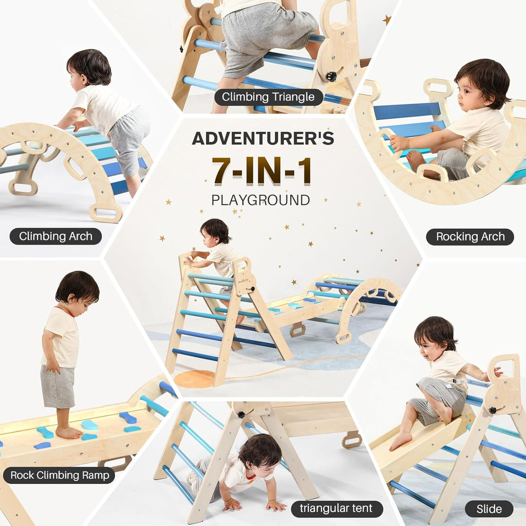 Pikler Triangle Set 7in1 Foldable Baby Climbing Toys Wooden Montessori Climbing Set with Arch&Ramp&Ladder Baby Climber Indoor Jungle Gyms for Toddlers Montessori Toys - Rainbow