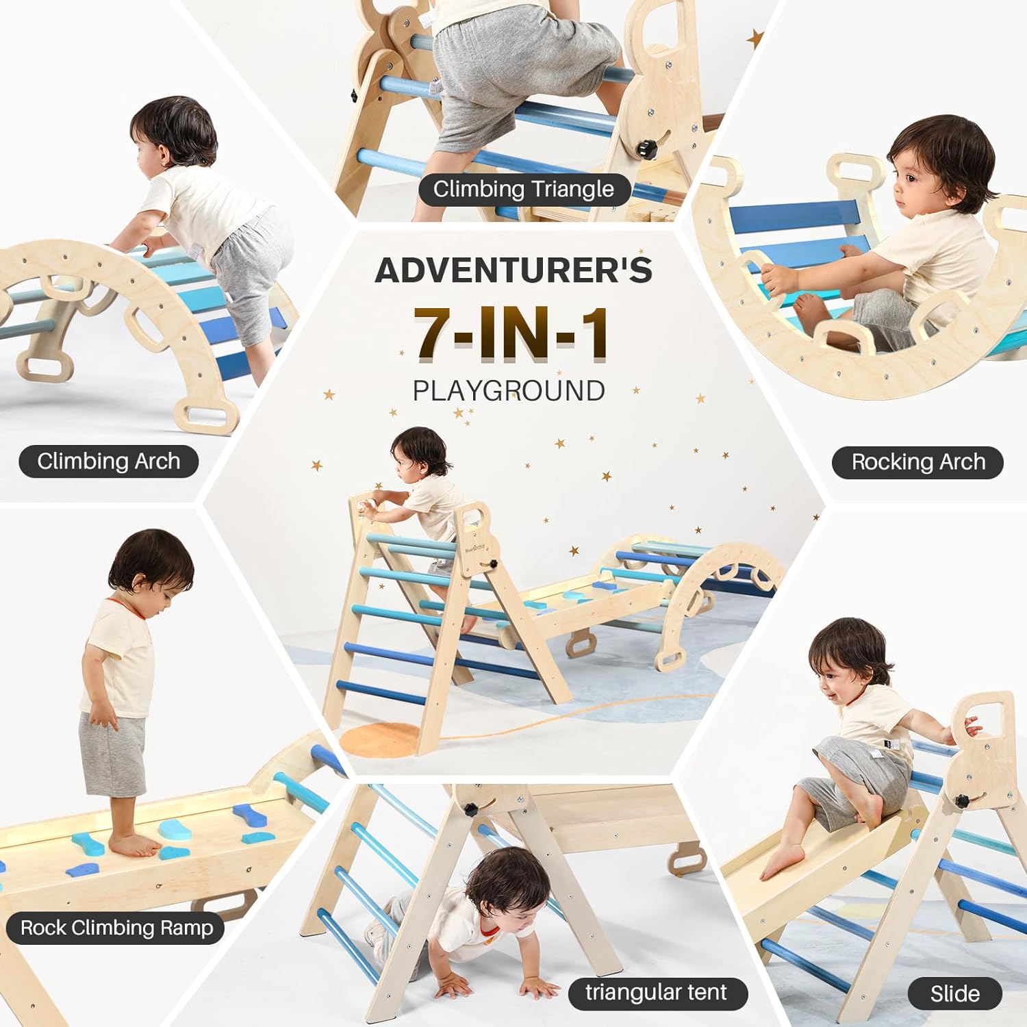 Pikler Triangle Set 7in1 Foldable Baby Climbing Toys Wooden Montessori Climbing Set with Arch&Ramp&Ladder Baby Climber Indoor Jungle Gyms for Toddlers Montessori Toys - Rainbow