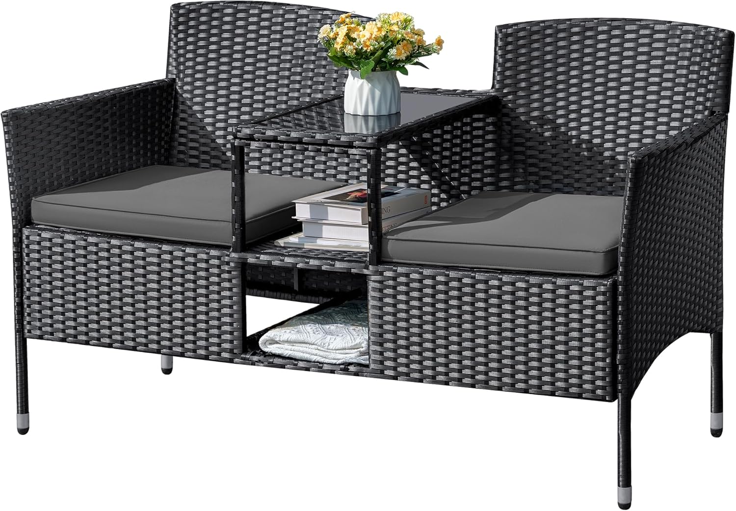 Flamaker Outdoor Furniture Patio Loveseat Wicker 2-Seat with Built-in Table and Cushions Rattan Porch Chairs Bench for Balcony, Lawn, Backyard (Beige)