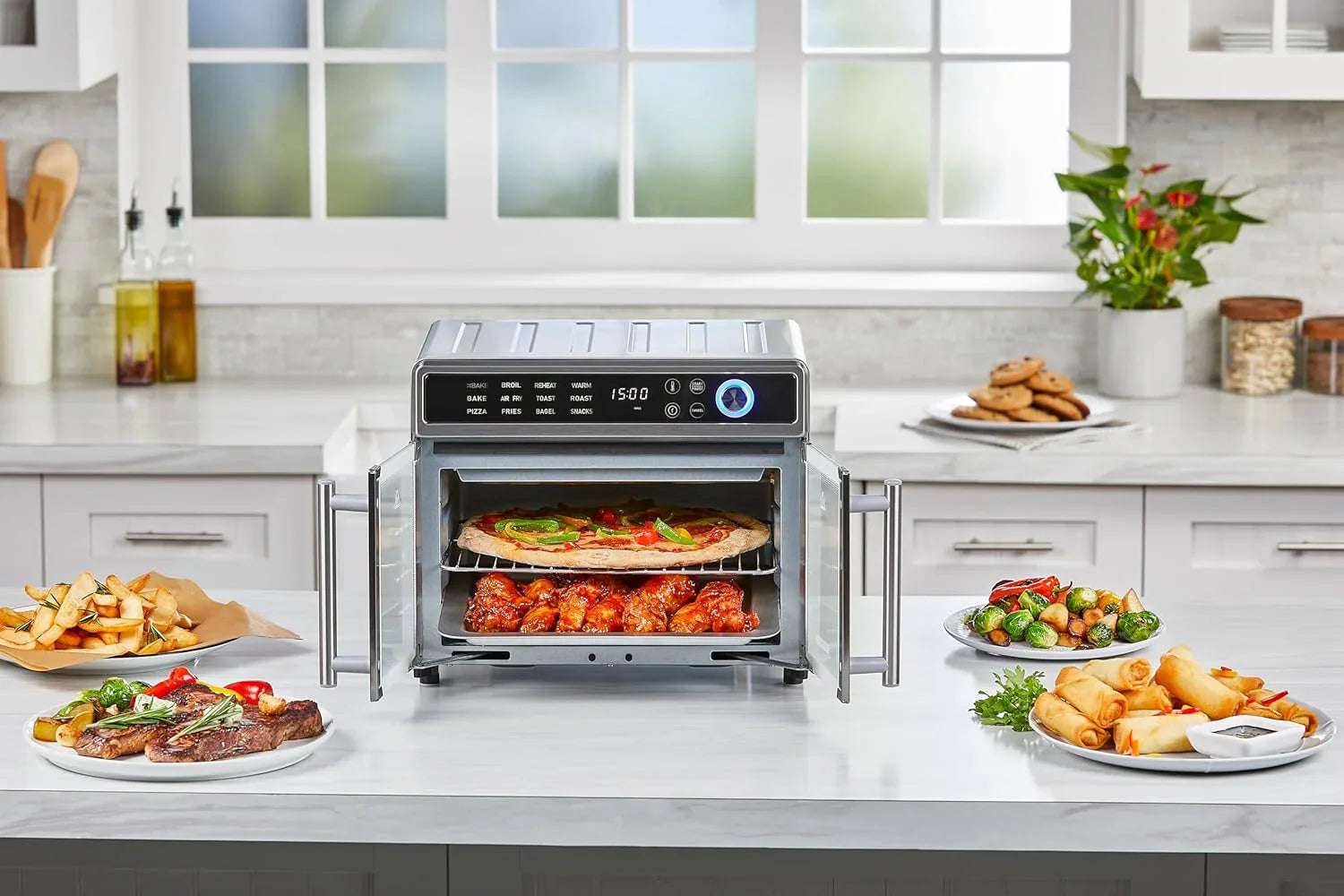 Crisp 'N Bake Air Fryer Toaster Oven Combo, 12 in 1 Countertop Convection Oven Cooks Food Fast, Fits a Whole Pizza or 6 Toast Slices, French Doors with Stainless Steel Finish