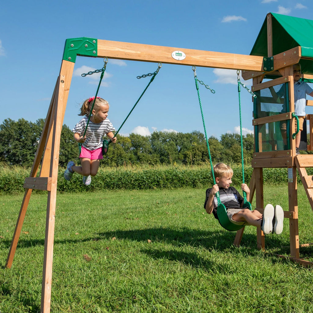 Backyard Discovery Buckley Hill Cedar Wood Swing Set with Two Belt Swings & Shaded Deck