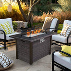 BLUBERY 44” Propane Fire Pit Table, 50,000 BTU PE Rattan Gas Fire Pit with Black Tempered Glass Tabletop, Glass Wind Guard, AutoIgnition, White Glass Stone, ETL CERT