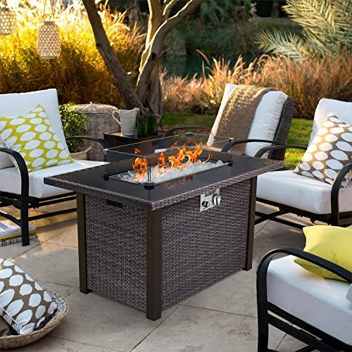 BLUBERY 44” Propane Fire Pit Table, 50,000 BTU PE Rattan Gas Fire Pit with Black Tempered Glass Tabletop, Glass Wind Guard, AutoIgnition, White Glass Stone, ETL CERT