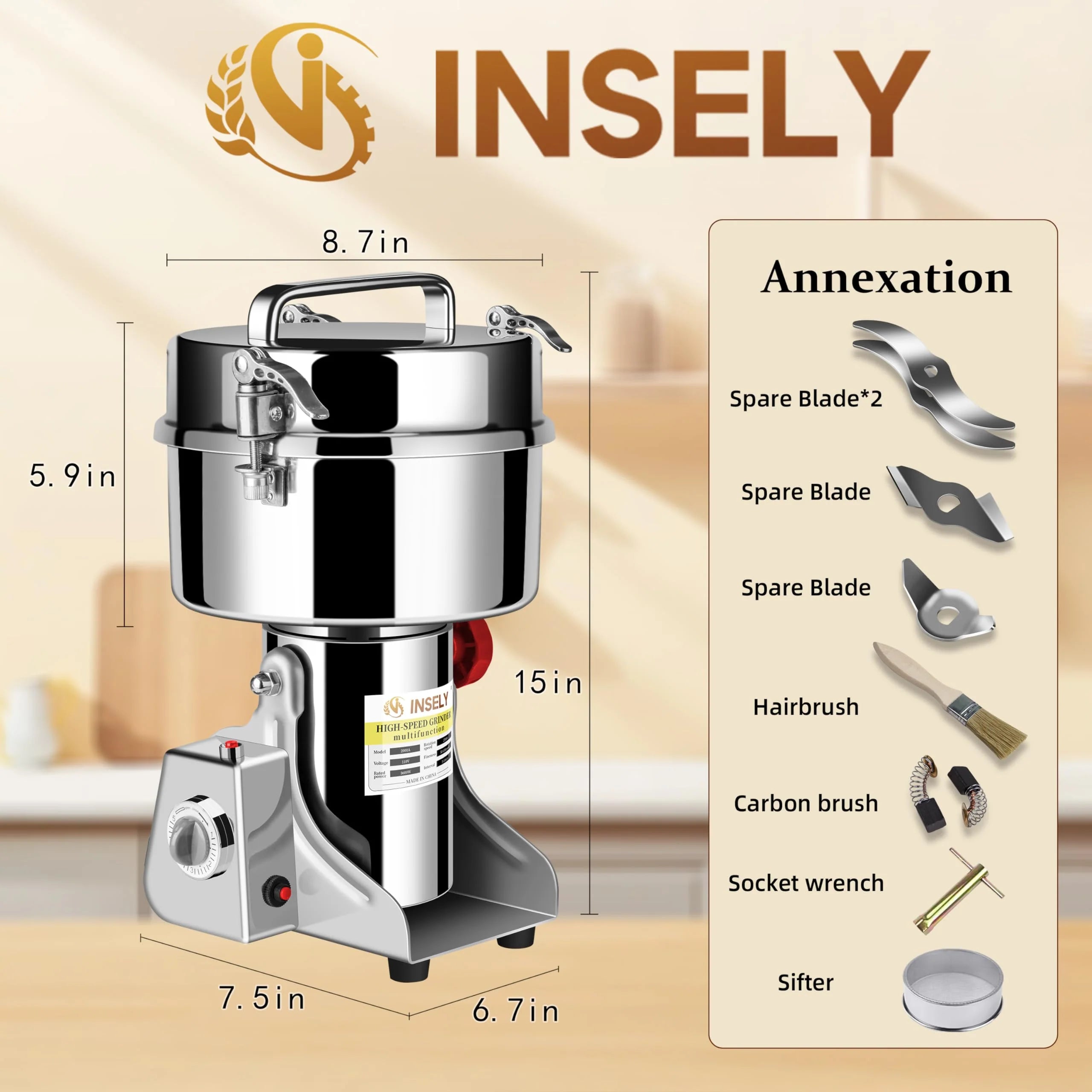INSELY Stainless Steel 2000g High Speed Food Grain Mill Grinder