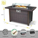 BLUBERY 44” Propane Fire Pit Table, 50,000 BTU PE Rattan Gas Fire Pit with Black Tempered Glass Tabletop, Glass Wind Guard, AutoIgnition, White Glass Stone, ETL CERT