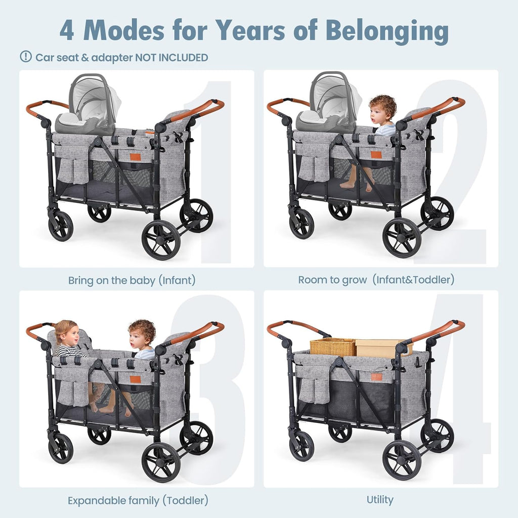 Wagon Stroller for 4 Kids, All-Terrain Wagon for Toddler with Canopy, Parent Organizer, Shoulder Bag, Adjustable Handlebar, Phone Holder, High Seat & 5 Point Harness, Ultimate Quad (Black)
