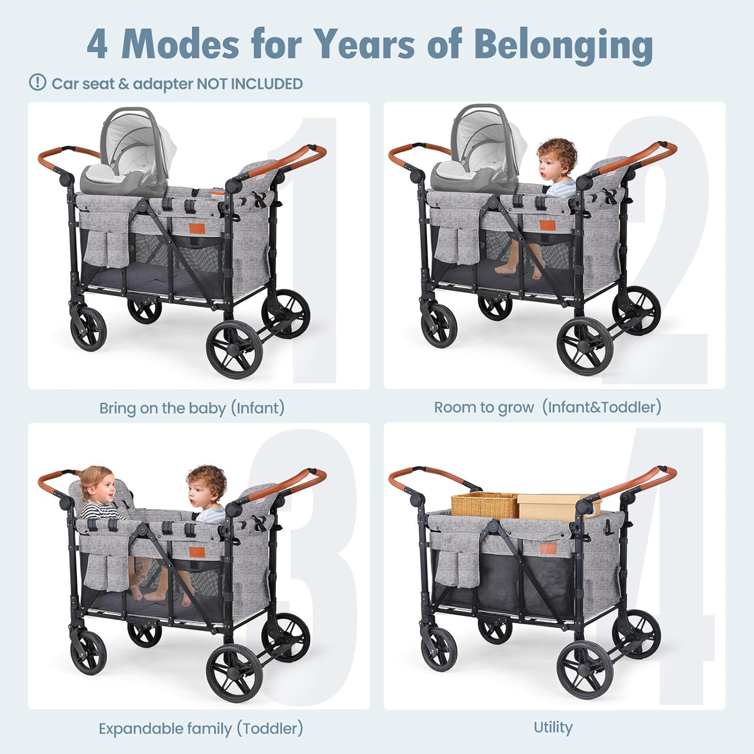 Wagon Stroller for 4 Kids, All-Terrain Wagon for Toddler with Canopy, Parent Organizer, Shoulder Bag, Adjustable Handlebar, Phone Holder, High Seat & 5 Point Harness, Ultimate Quad (Black)