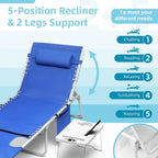 3-in-1 Outdoor Sun Tanning Lounge Chair with Face Hole �� 5-Position Recliner, Folding Side Table & Removable Pillow, 330lbs Capacity, Blue