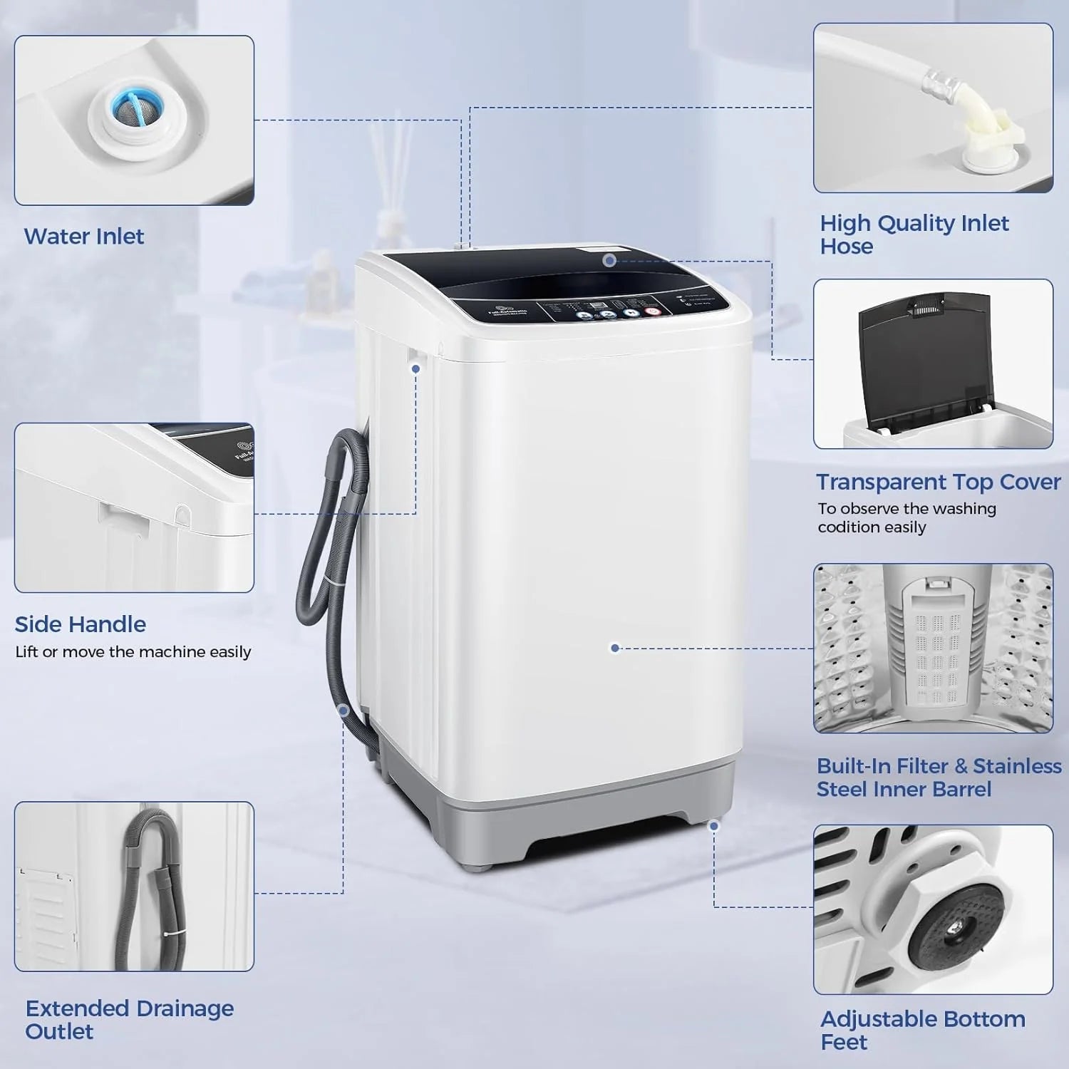 20Lbs Portable Washing Machine Nictemaw Portable Washer, 2.8 Cu.ft Washer and Dryer Combo with Drain Pump, 10 Programs 8 Water Level Compact Laundry Washer for Home, Apartment, RV, Dorms