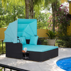 RELAX4LIFE Patio Outdoor Daybed with Canopy, Wicker Sunbed w/Cushions, 4 Pillows & 2 Retractable Side Trays, 2-Person Lounge Bed Conversation for Poolside Porch Garden, Rattan Outdoor Bed (Turquoise)