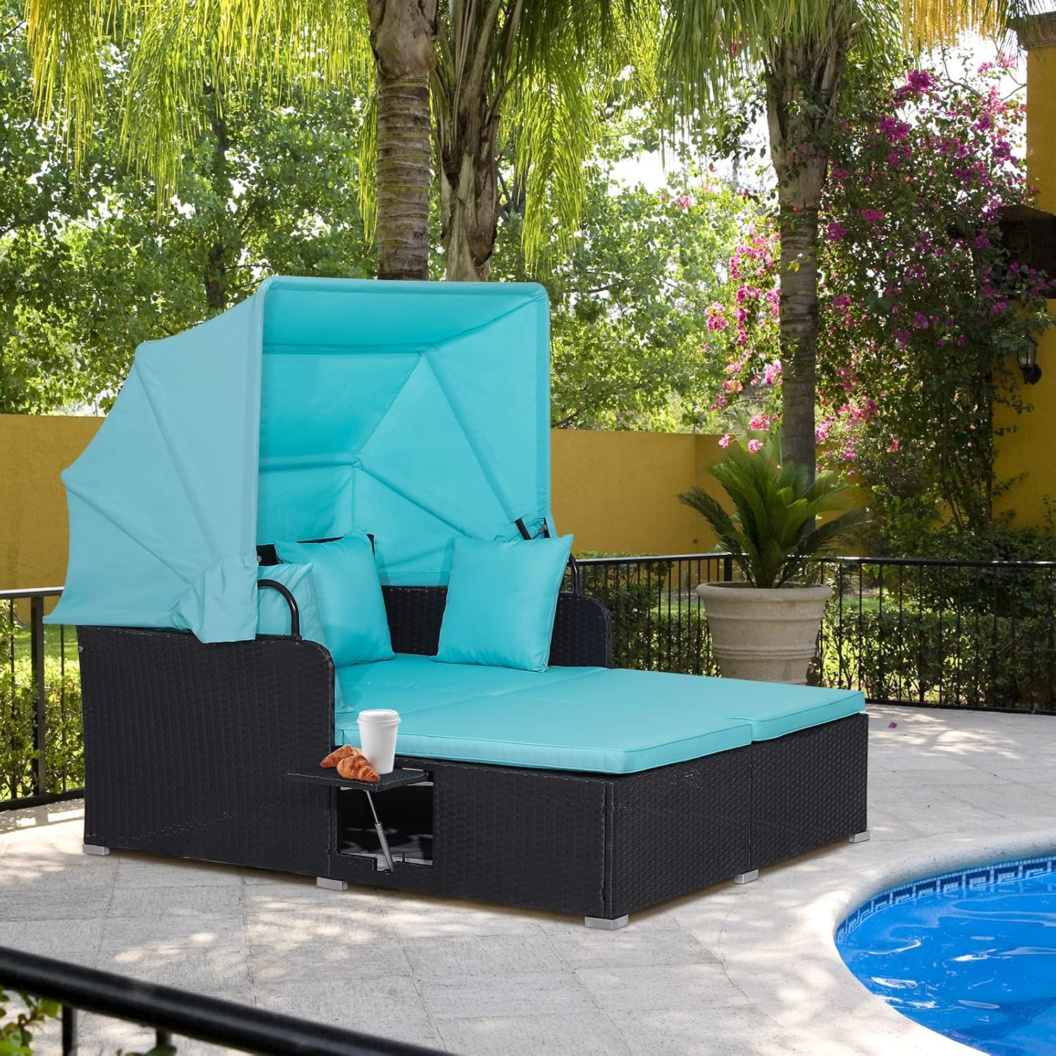 RELAX4LIFE Patio Outdoor Daybed with Canopy, Wicker Sunbed w/Cushions, 4 Pillows & 2 Retractable Side Trays, 2-Person Lounge Bed Conversation for Poolside Porch Garden, Rattan Outdoor Bed (Turquoise)