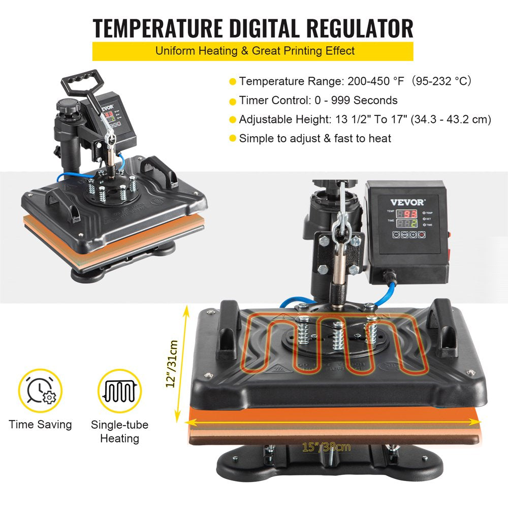 VEVOR 5 in 1 Heat Press Machine, Digital Multifunctional Sublimation for T-Shirts, Hats, Mugs, Caps, Plates, 360° Rotation, Easy Operation