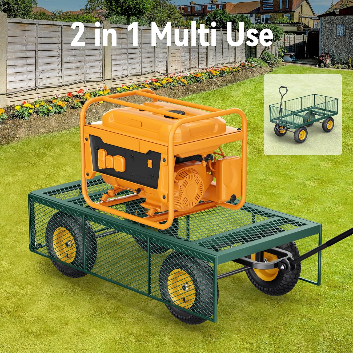 Steel Garden Cart, 2-in-1 1400 lbs Heavy Duty Utility Wagon, with Removable Mesh Sides to Convert into Flatbed, 240° U-Turn 13" Pneumatic Tires Garden Wagon for Farm Yard Lawn Garden Camping