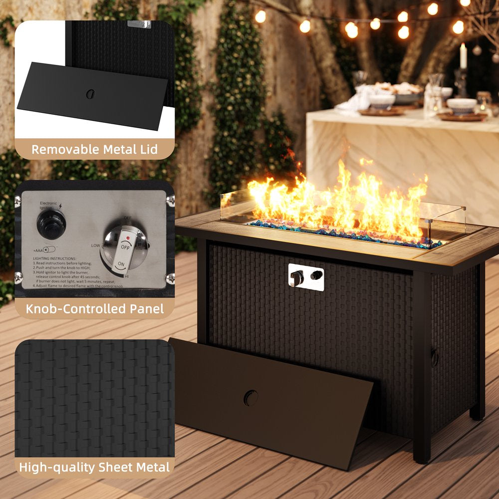 Walsunny 45′′ Steel Propane Fire Pit Table, 50,000 BTU, Rattan Design, 2-in-1 Patio Table with Lid, Lava Rock, and Glass Wind Guard