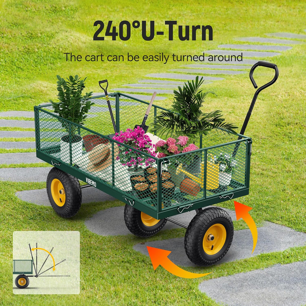 Steel Garden Cart, 2-in-1 1400 lbs Heavy Duty Utility Wagon, with Removable Mesh Sides to Convert into Flatbed, 240° U-Turn 13" Pneumatic Tires Garden Wagon for Farm Yard Lawn Garden Camping