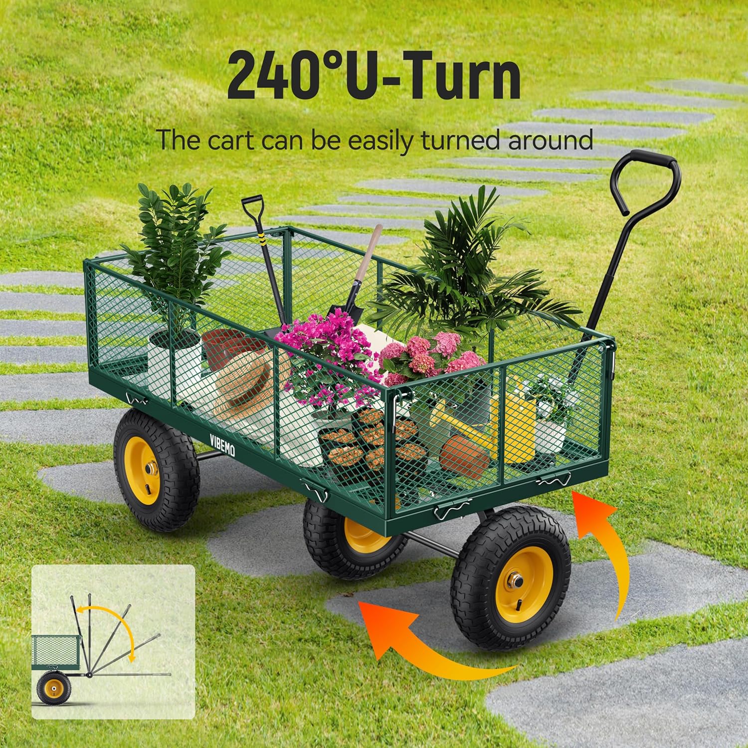 Steel Garden Cart, 2-in-1 1400 lbs Heavy Duty Utility Wagon, with Removable Mesh Sides to Convert into Flatbed, 240° U-Turn 13" Pneumatic Tires Garden Wagon for Farm Yard Lawn Garden Camping