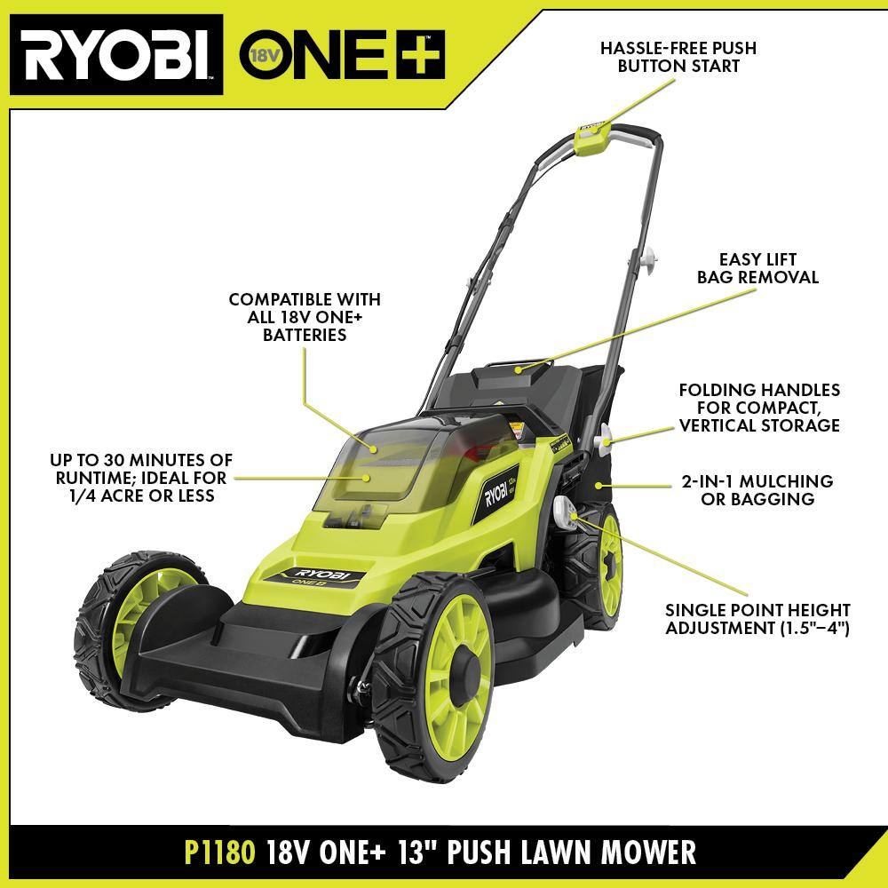 RYOBI ONE+ 18V 13 in. Cordless Battery Walk Behind Push Lawn Mower wit