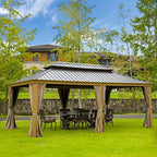 Outdoor Hardtop Gazebo 2021 New – Galvanized Steel Double Roof,Patio Gazebo Canopy with Privacy Curtains and Netting,WoodLooking Finish Aluminum Frame Cavus 12'X20′ by domi outdoor living
