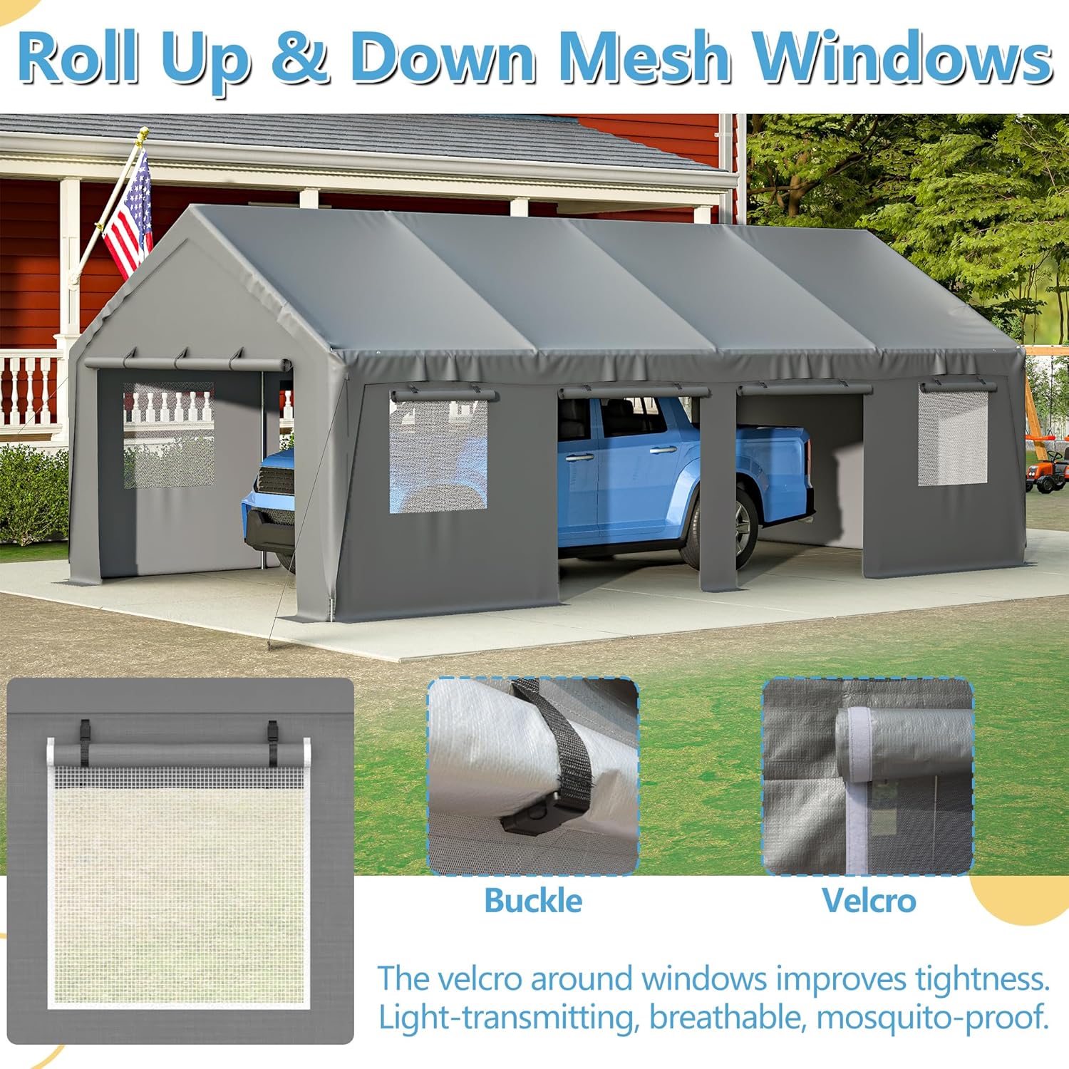 Thanaddo Heavy Duty Car Port with Roll-up Sidewall and Ventilated Windows