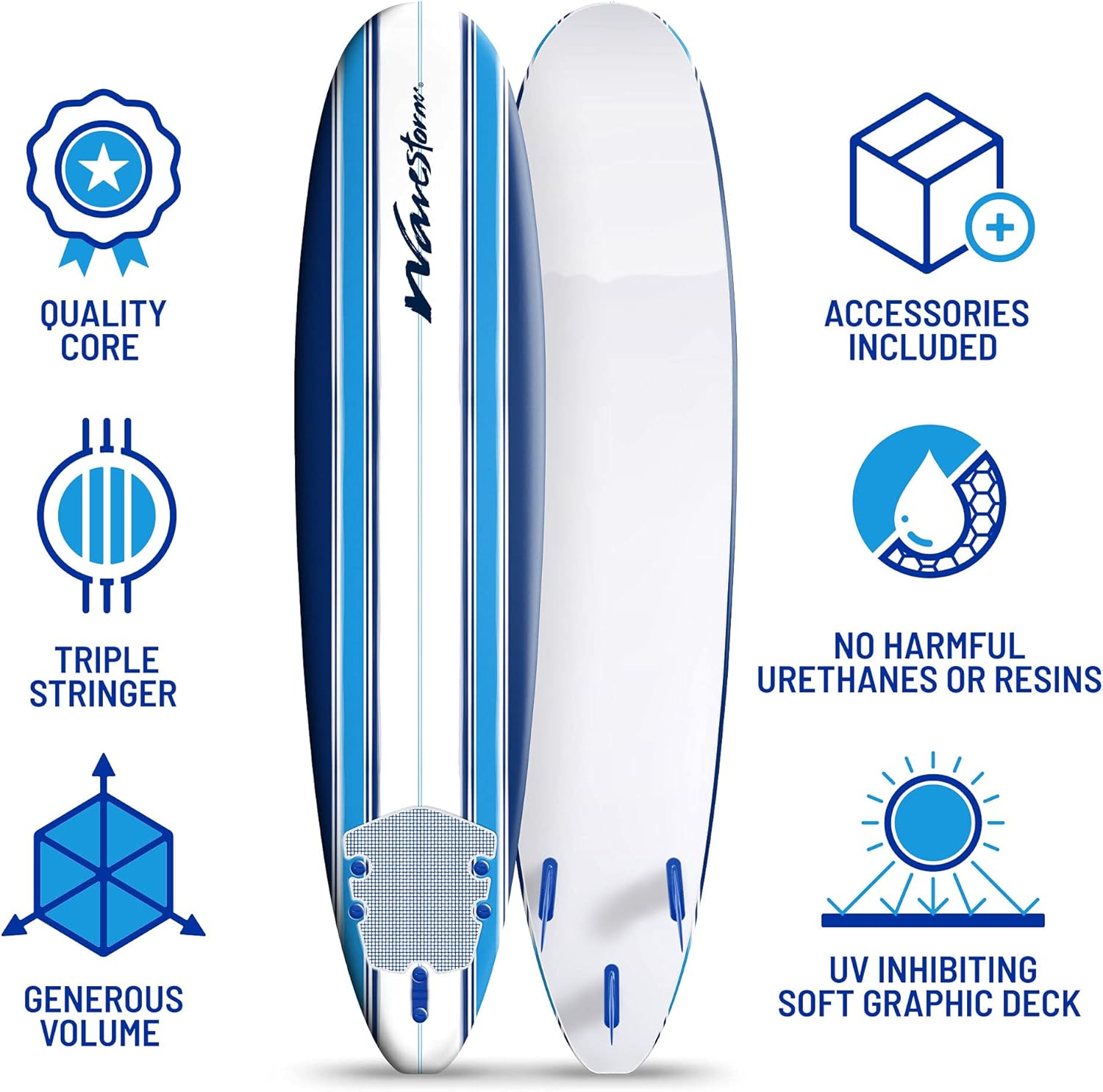 2025 Wavestorm 8ft Classic Surfboard // Foam Wax Free Soft Top Longboard for Adults and Kids of All Levels of Surfing
