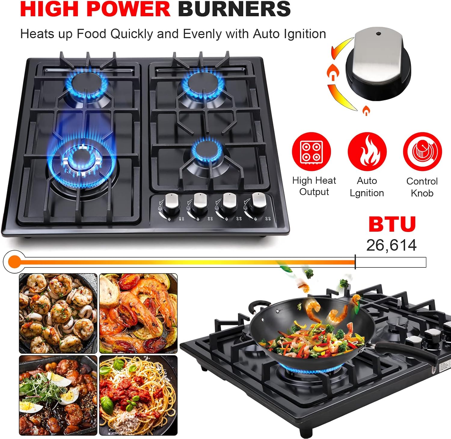 FORIMO Gas Cooktop 22Inch, Built in Gas Cooktop 4 Burners Stainless Steel Stove