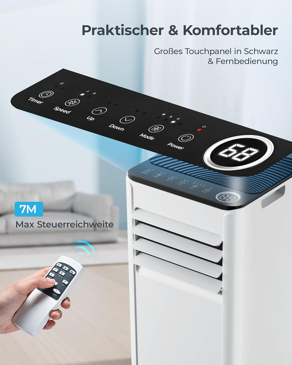 Mobile Air Conditioner with Exhaust Hose 7000 BTU 4-in-1 Mobile Air Conditioner Quiet Operation Digital Display + Remote Control Window Installation Set 24 Hour Timer for Rooms up to 20 m2