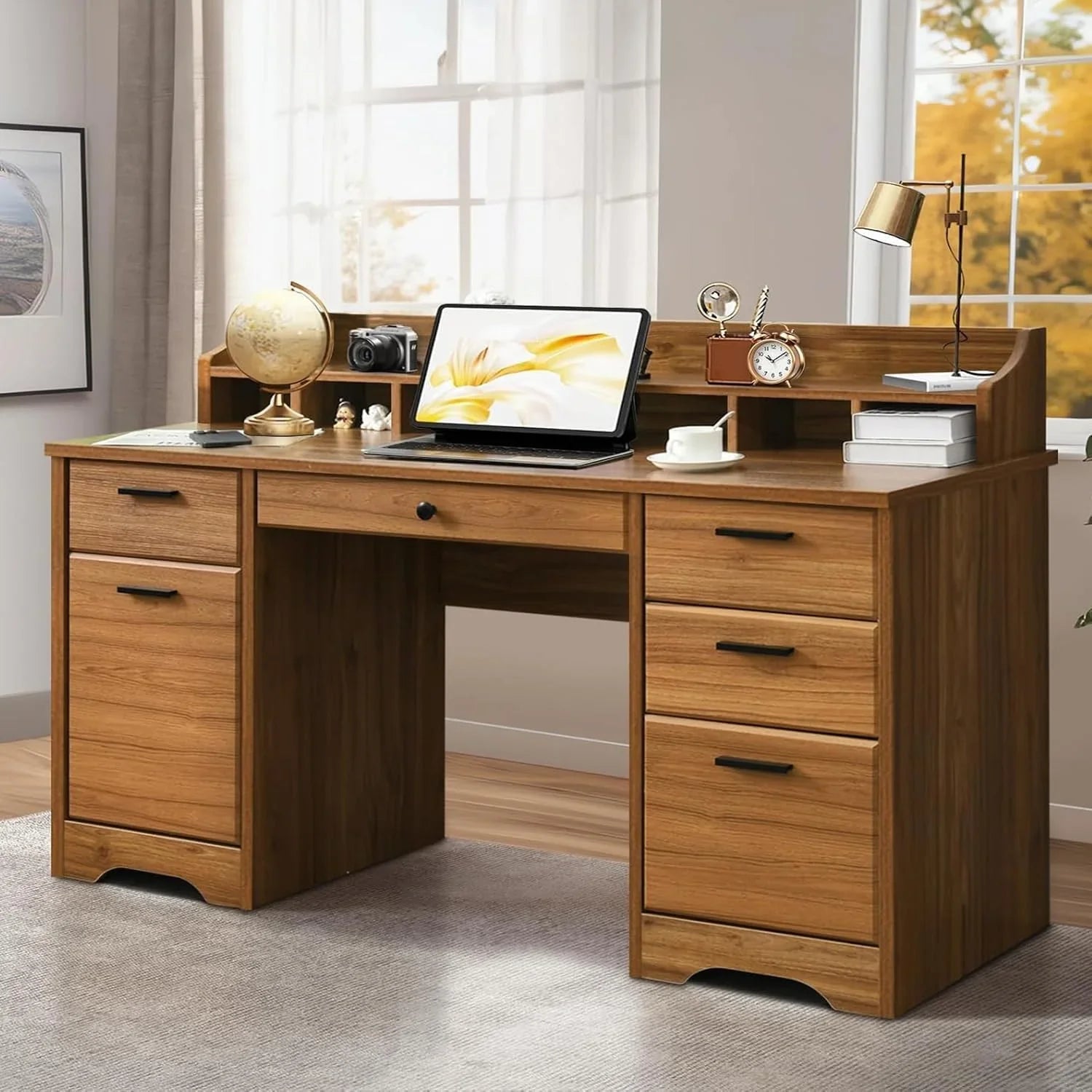 Executive Desk with Drawers, 58 Inch Desk with Storage, Wood Executive Desk with 6 Drawers, Study Desk for Bedroom, Business Furniture Desk with File Cabinet, Vintage Brown