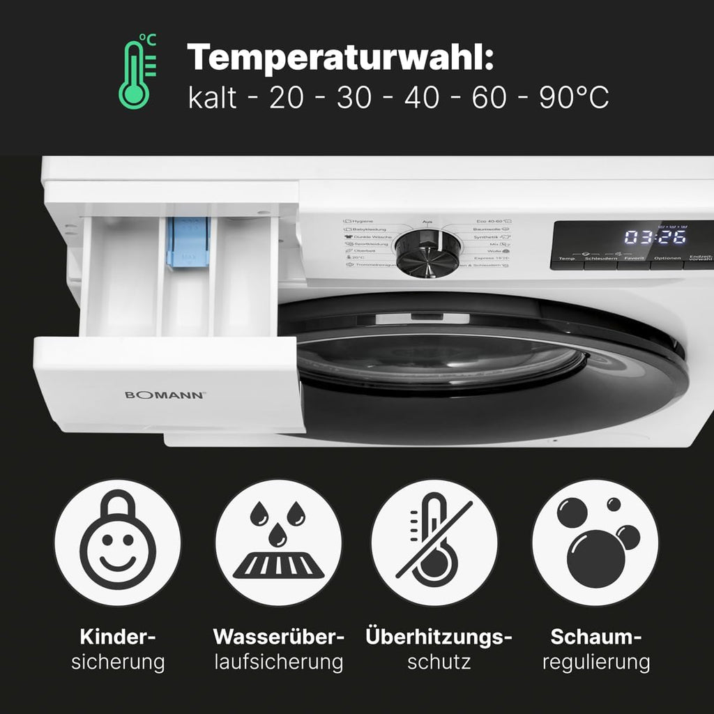 Bomann Wasmachine 7kg | maximaal 1400 tpm | 10 jaar motorgarantie | Effici?nte, stille en duurzame invertermotor | 15 programma's | Eindtijd Netnummer | LED-scherm | Wasmachine | WA 7175 wit