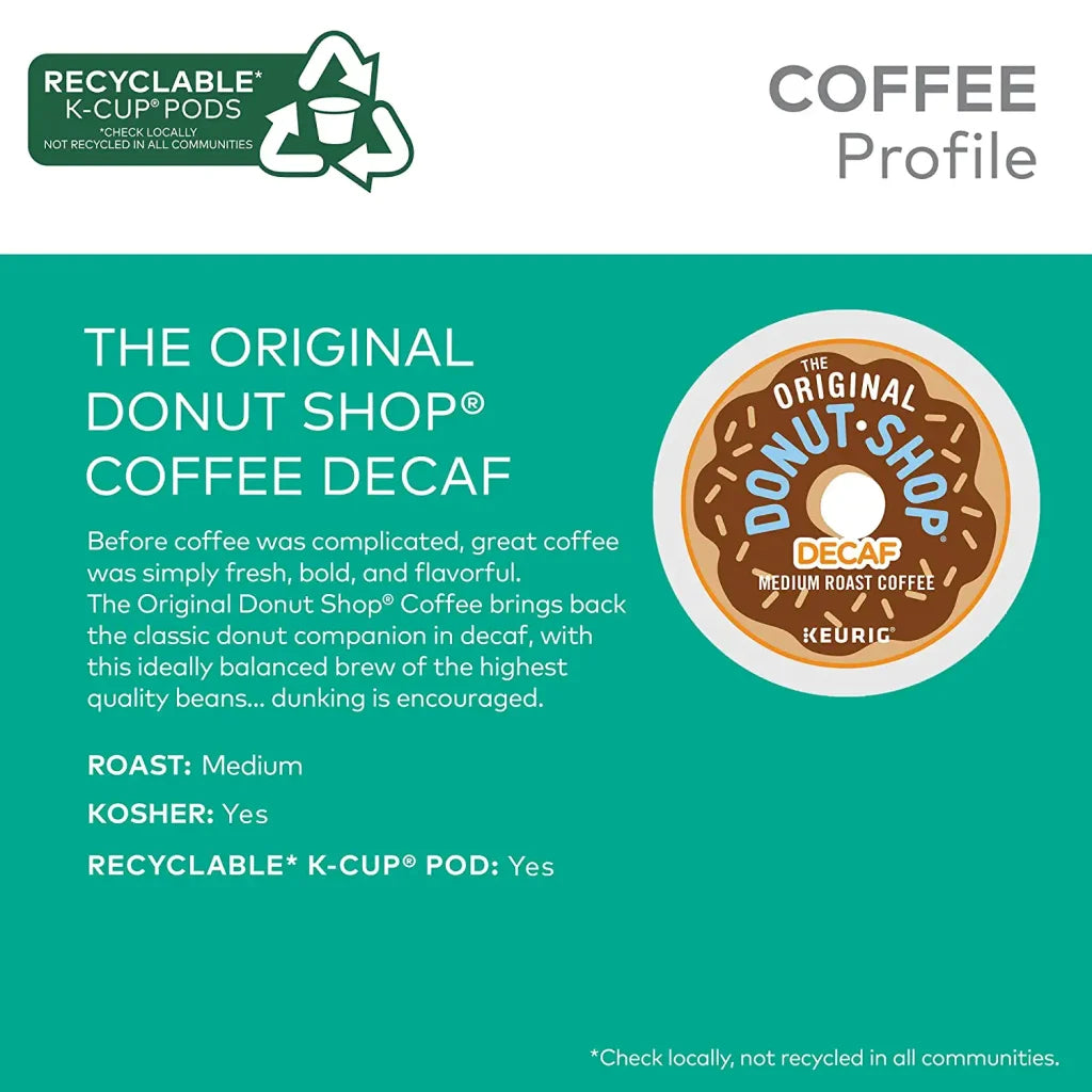 The Original Donut Shop Decaf Medium Roast K-Cup Pods, 96 Count – Compatible with Keurig, Kosher Certified, Recyclable