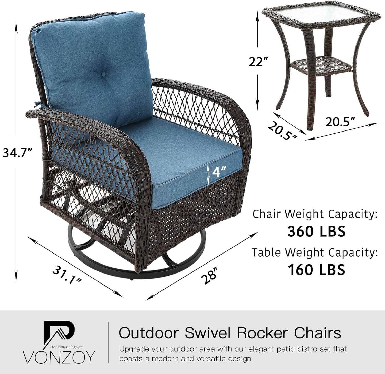 VONZOY 3 Pieces Patio Furniture Set with Rocking Chair, Thickened Cushions