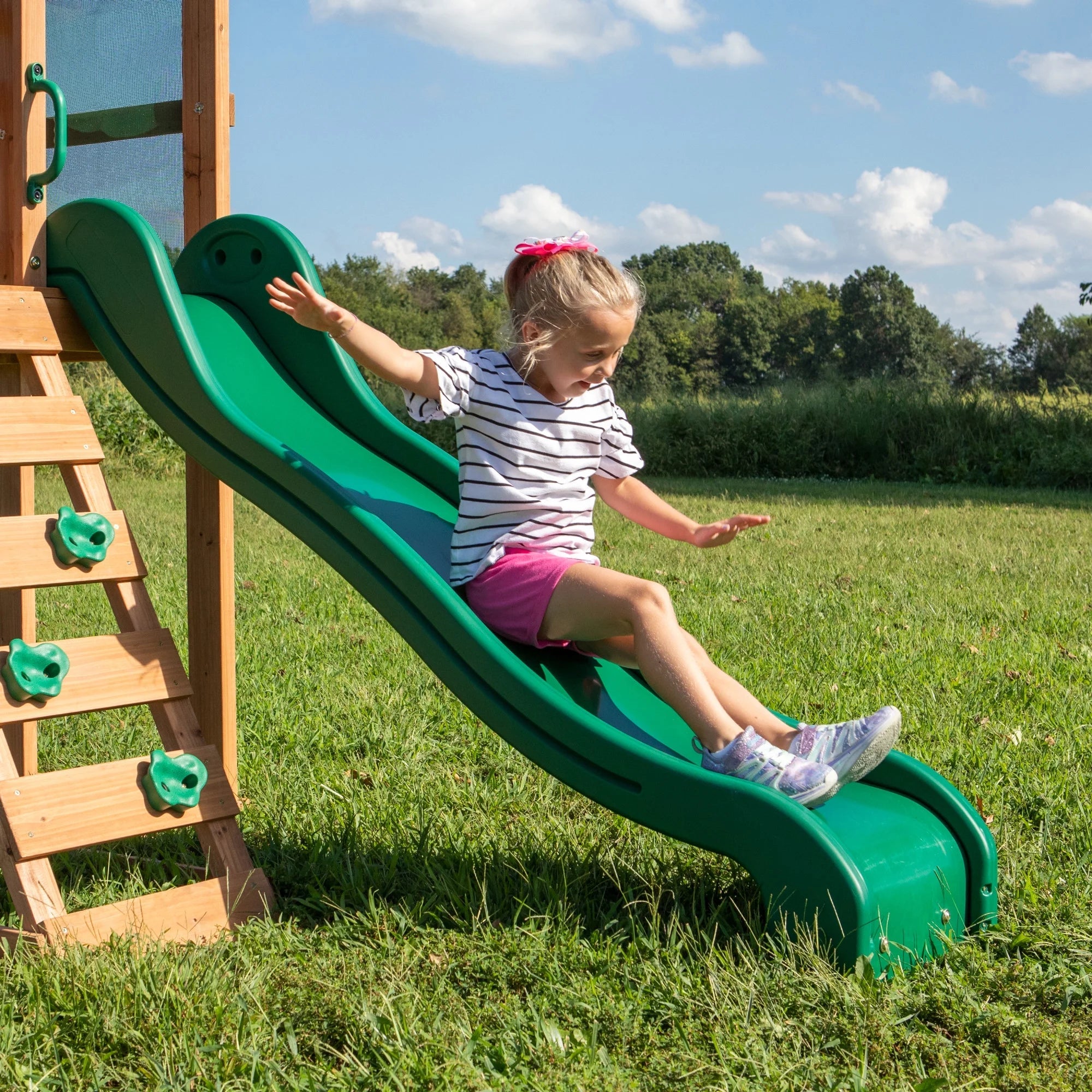 Backyard Discovery Buckley Hill Cedar Wood Swing Set with Two Belt Swings & Shaded Deck