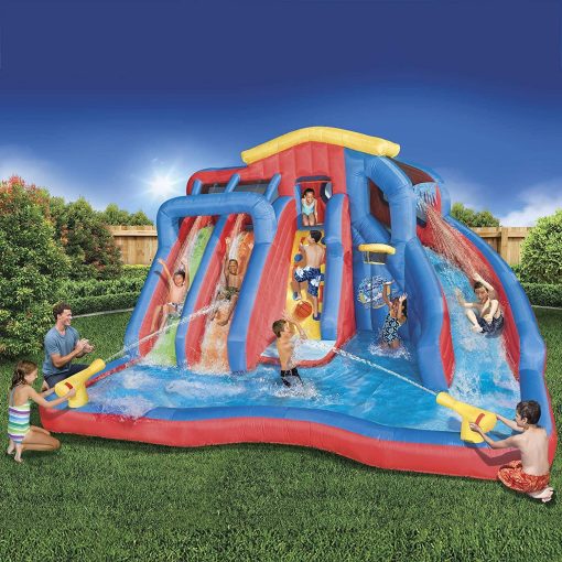 BANZAI Hydro Blast Water Park Inflatable Slide with Cannons & Basketball Hoop, 3 Slides, Heavy-Duty Dura-Tech Material