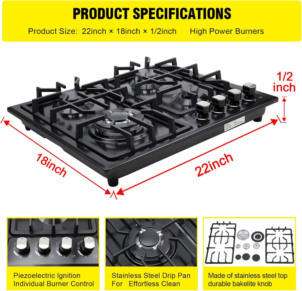 FORIMO Gas Cooktop 22Inch, Built in Gas Cooktop 4 Burners Stainless Steel Stove