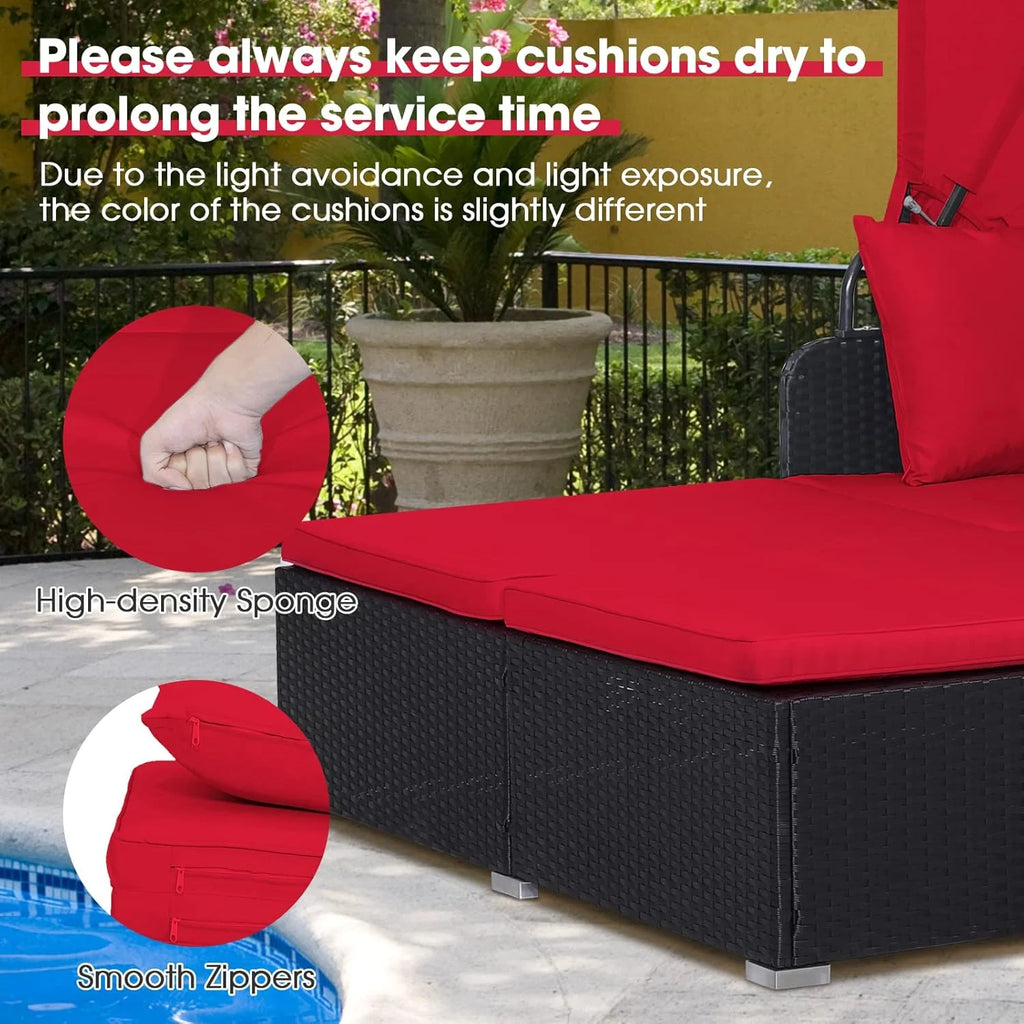 RELAX4LIFE Patio Outdoor Daybed with Canopy, Wicker Sunbed w/Cushions, 4 Pillows & 2 Retractable Side Trays, 2-Person Lounge Bed Conversation for Poolside Porch Garden, Rattan Outdoor Bed (Turquoise)