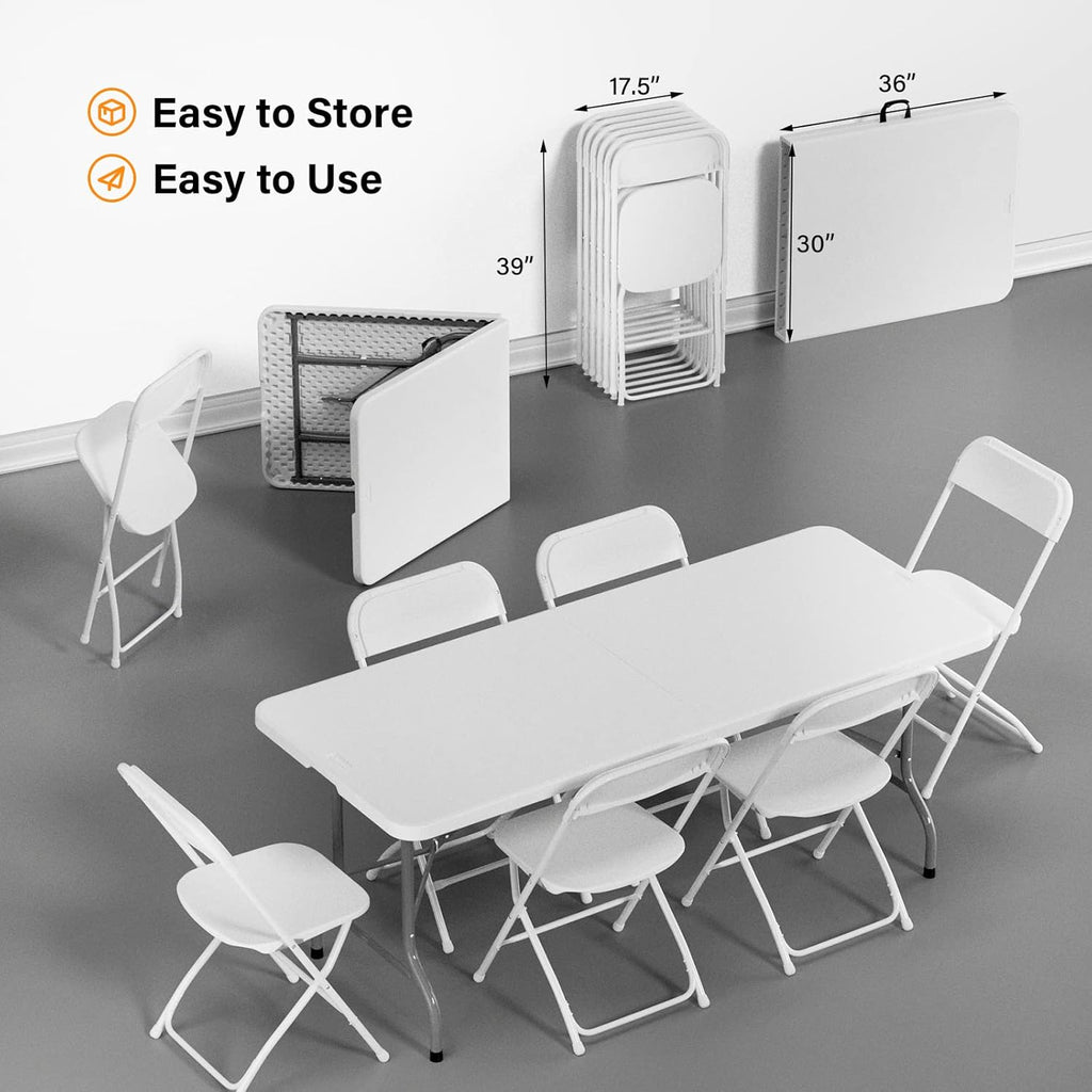 VINGLI 6 FT Plastic Folding Table Set with 8 White Folding Chairs