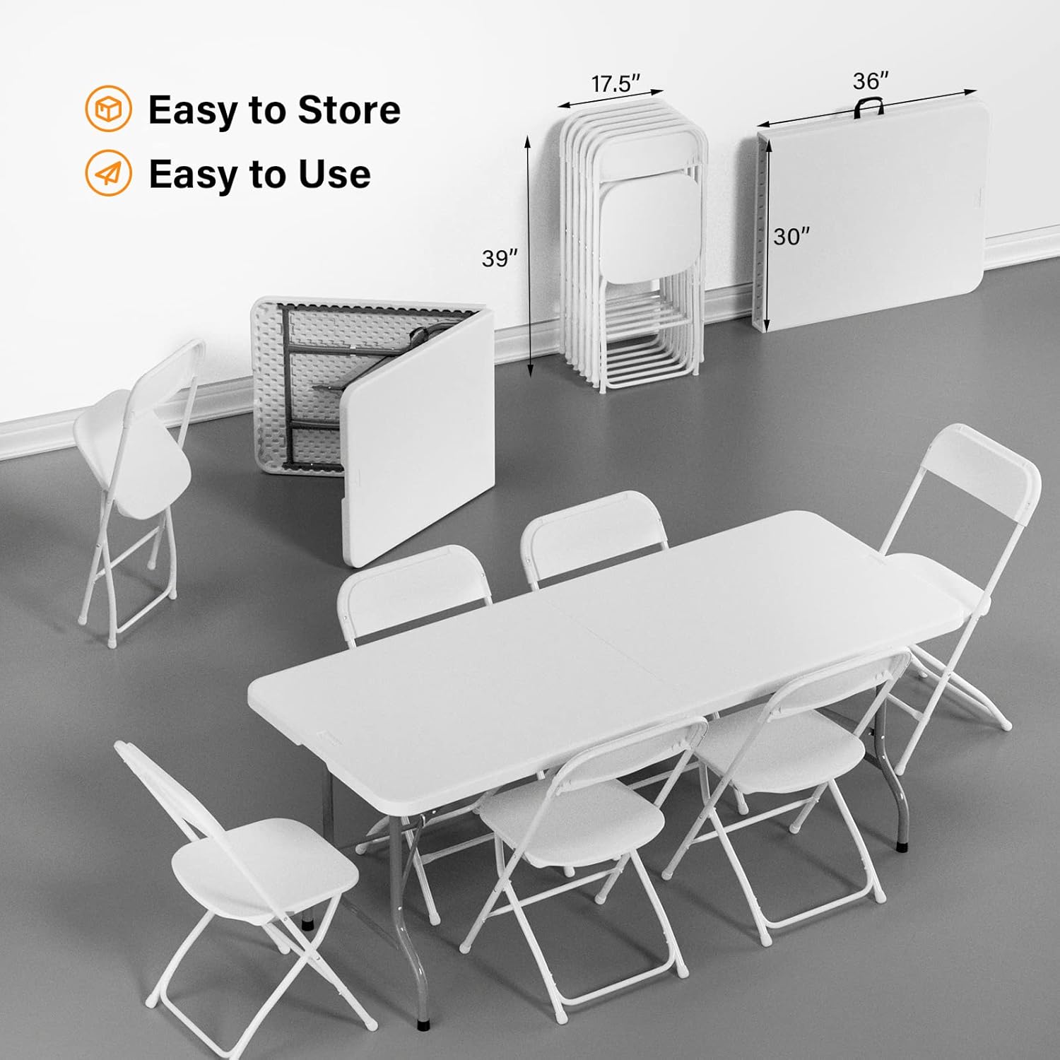 VINGLI 6 FT Plastic Folding Table Set with 8 White Folding Chairs