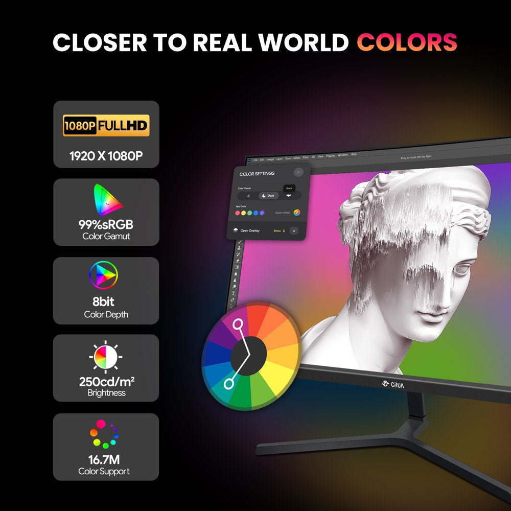 CRUA 24′′ Curved Gaming Monitor, FHD 1080P, 180Hz, VA Panel, AMD FreeSync, Low Blue Light, HDMI/DP Ports, Black